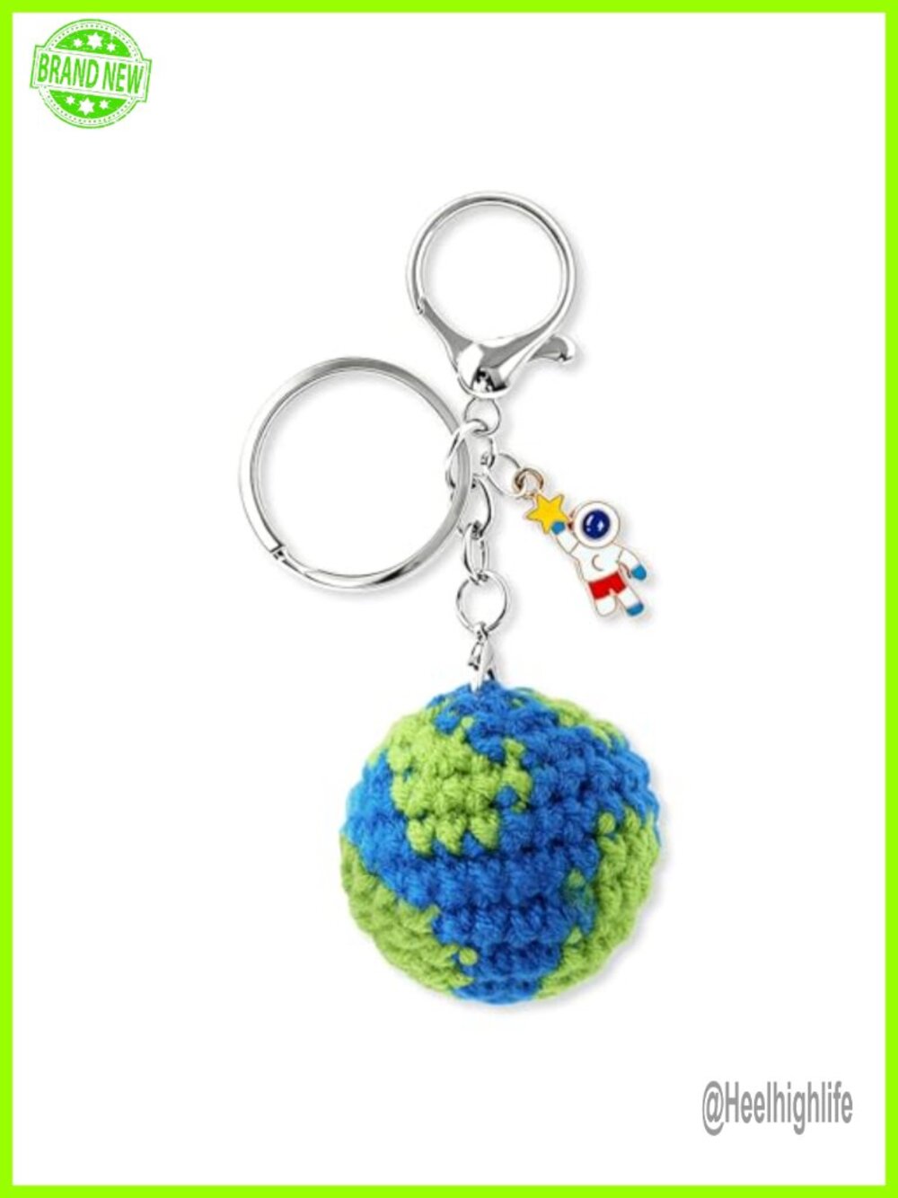 Hand Crocheted Earth Astronaut Keychain Yarn Metal Alloy Space Gift